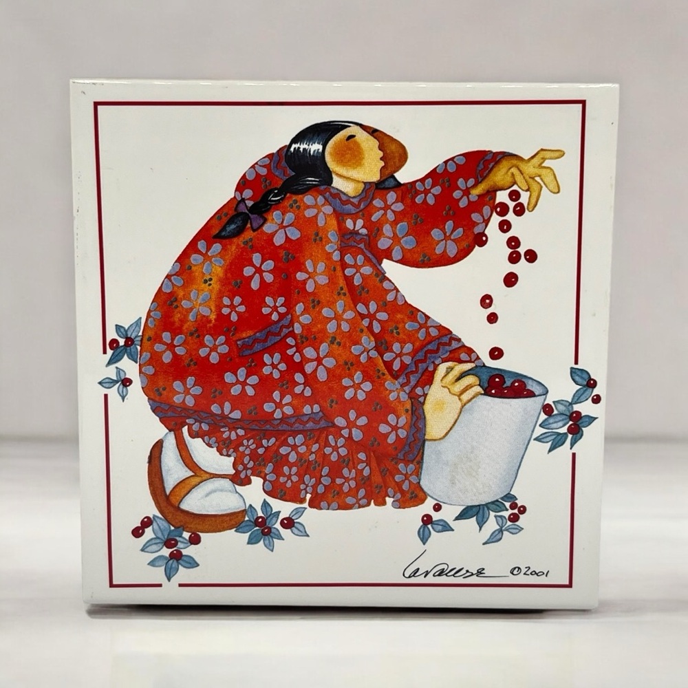 Barbara Lavallee 2001 Woman with Cherries Alaskan Native Art Wall Tile Trivet